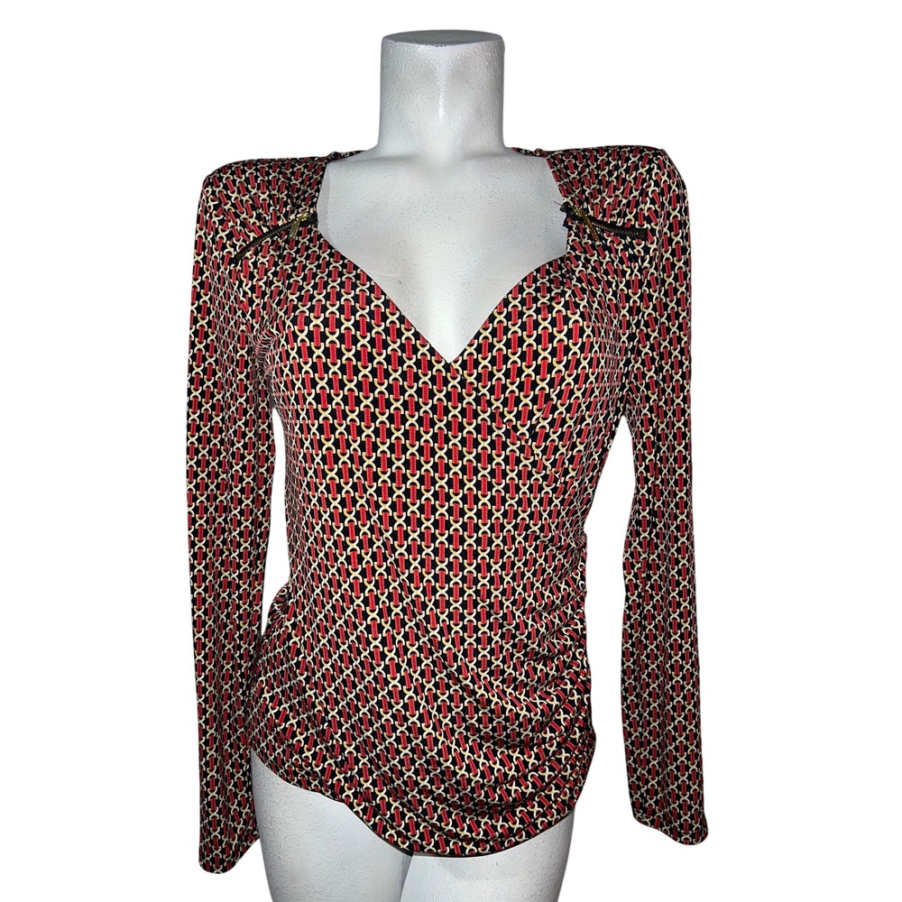 Michael Kors Top Womens Size M Red Black Geometric Chain Link V-Neck Wrap Shirt